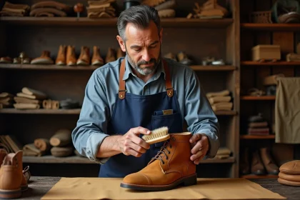 Cordonnieur en atelier travaillant sur une botte en daim