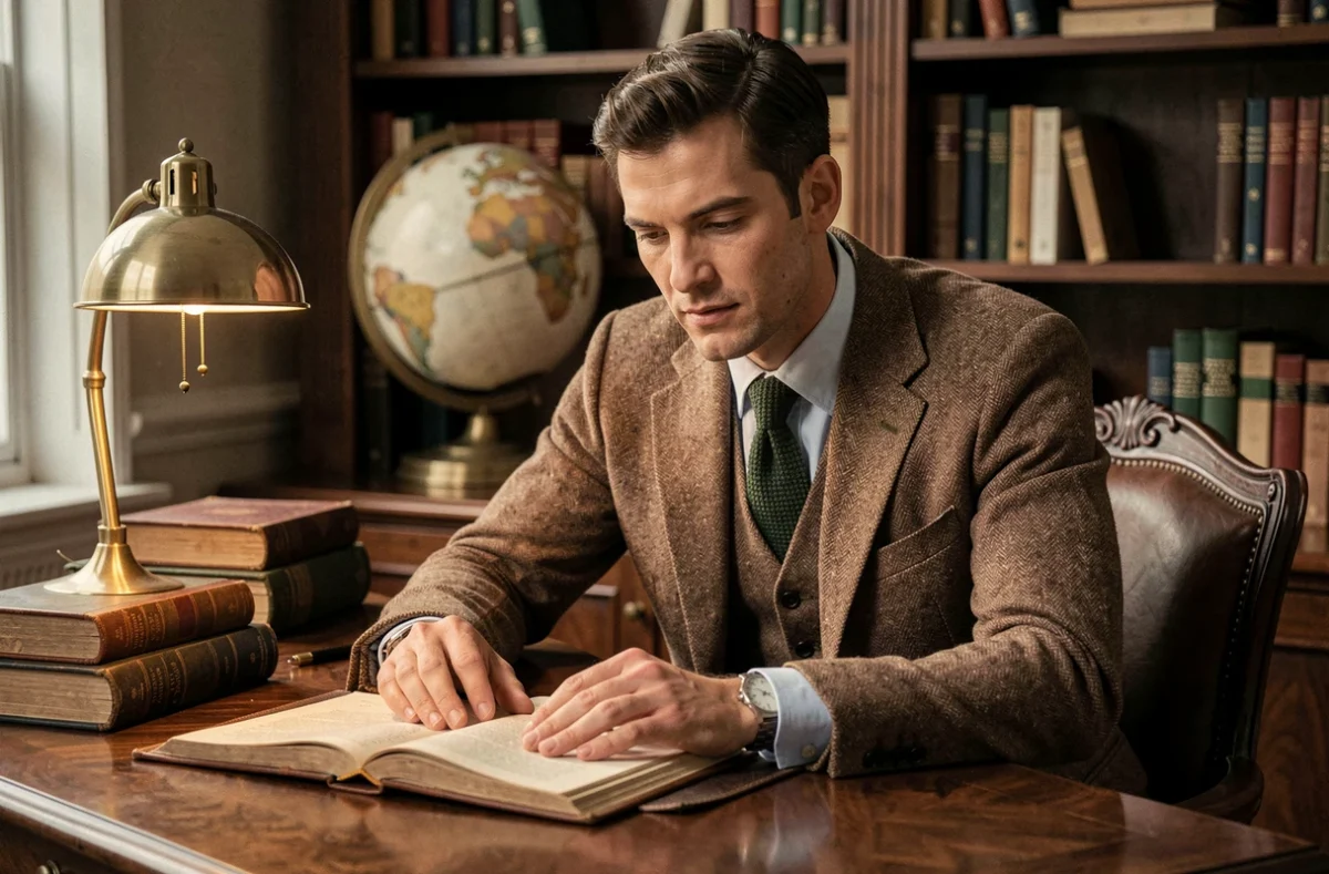Homme en costume trois pièces tweed années 30 assis dans un bureau vintage, mode masculine rétro tendance 2026
