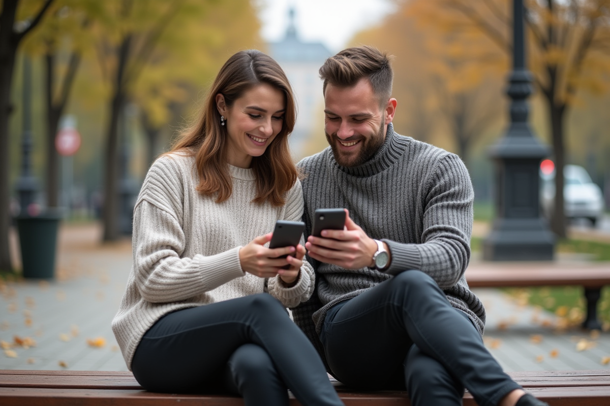 Couple dans un parc urbain regardant des vêtements sur smartphone