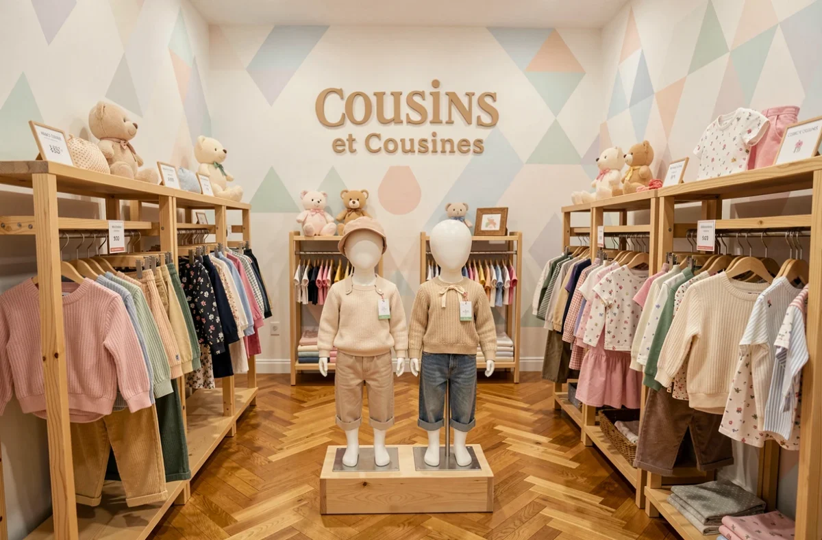 Boutique Cousins et Cousines à Nancy avec des tenues enfants coordonnées exposées sur des portants en bois et deux mannequins enfants au centre de la pièce
