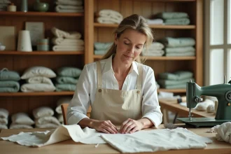 Couturière à domicile travaillant sur une machine à coudre vintage dans un atelier artisanal chaleureux