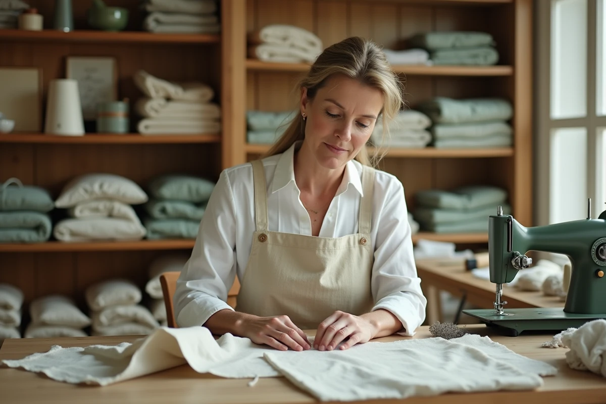 Couturière à domicile travaillant sur une machine à coudre vintage dans un atelier artisanal chaleureux