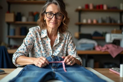 Femme fran&ccedil;aise mesure un jean avec craie et ruban