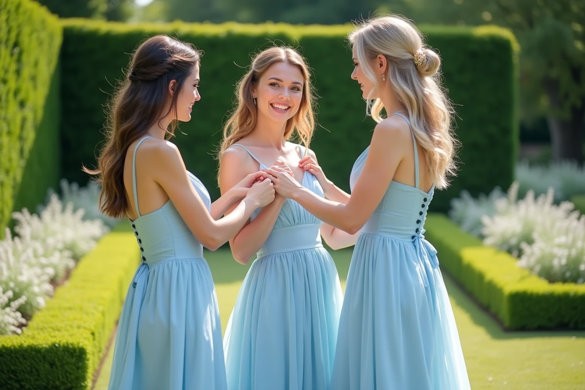 Trois demoiselles d'honneur en robes bleu pastel dans un jardin fleuri lors d'une cérémonie de mariage