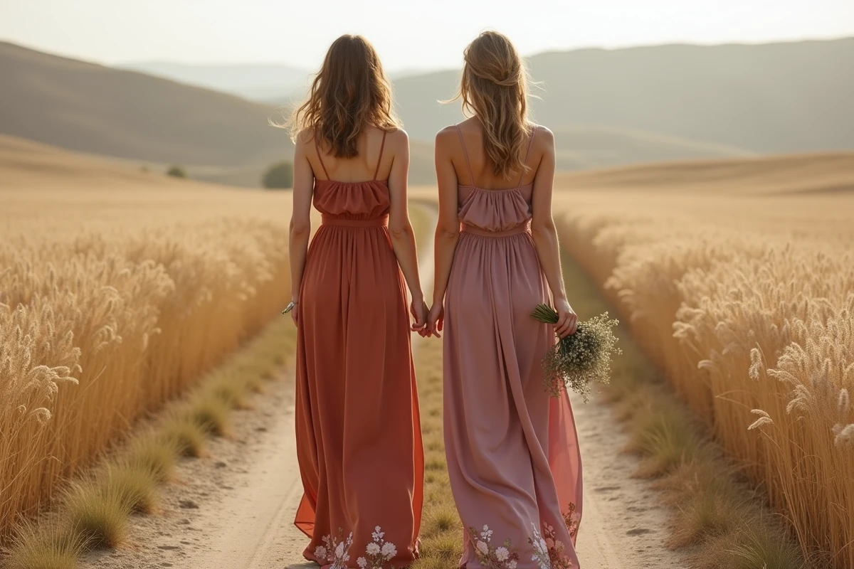 Deux demoiselles d'honneur de dos en robes longues terracotta et mauve dans un champ de blé doré