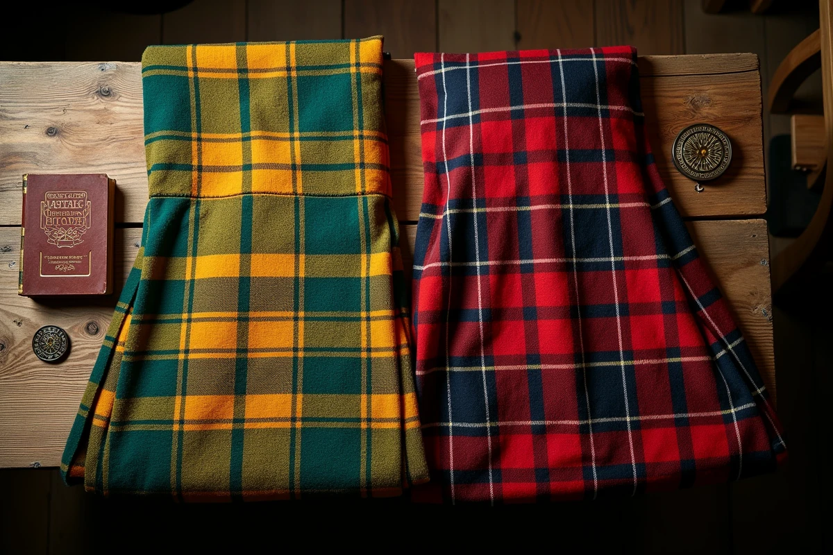 Détail de deux kilts irlandais traditionnels en tartan posés sur une table en chêne avec une broche celtique et un livre d'héraldique