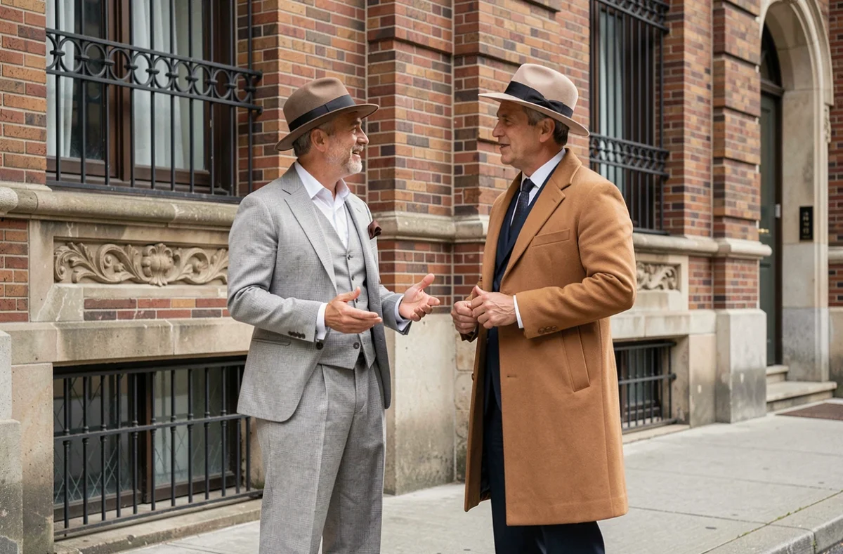 Deux hommes en tenues inspirées des années 30 devant une façade en brique classique, tendance mode masculine vintage 2026