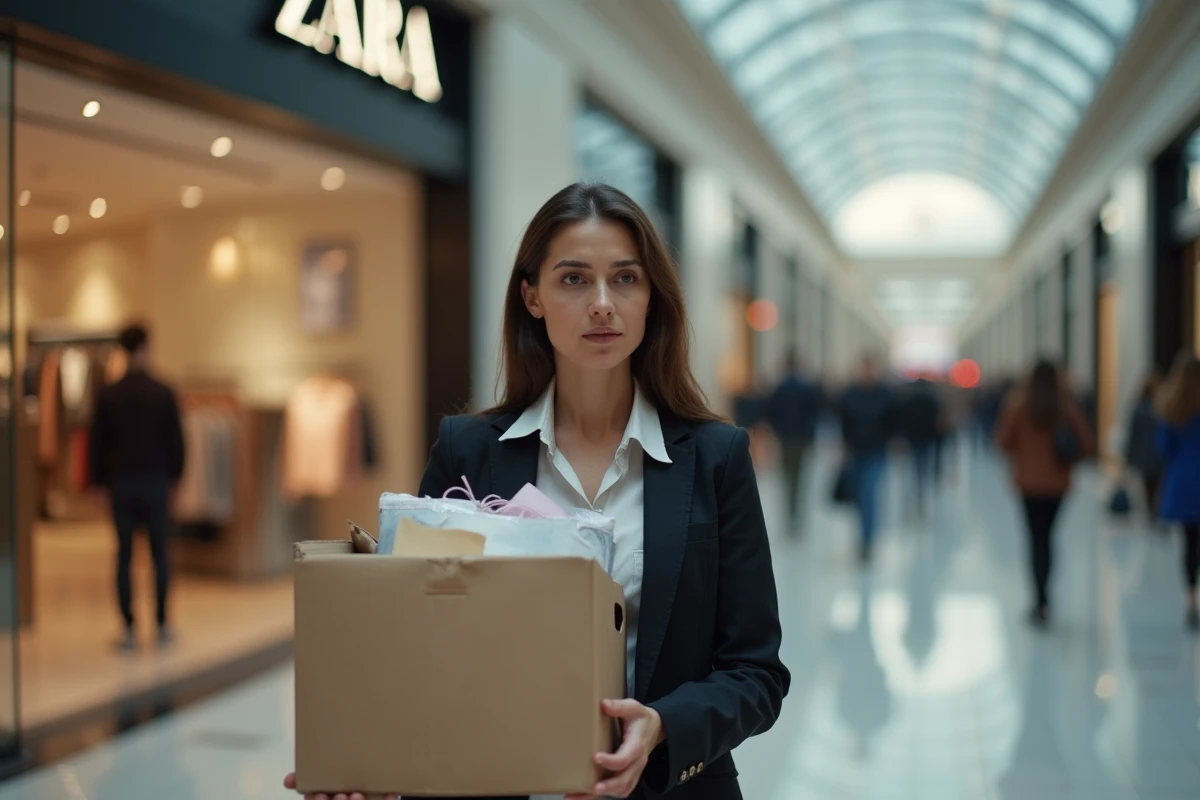 Employée de magasin Zara tenant un carton après annonce de fermeture, devant la vitrine fermée d'une boutique en galerie marchande