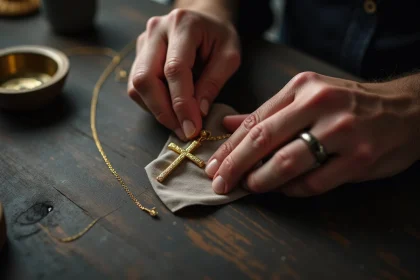 Homme entretenant une croix bijou en or avec un chiffon microfibre sur une table en bois