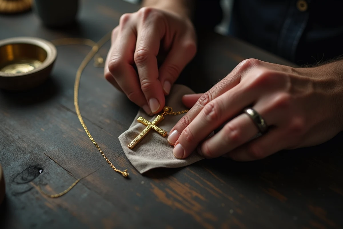 Homme entretenant une croix bijou en or avec un chiffon microfibre sur une table en bois