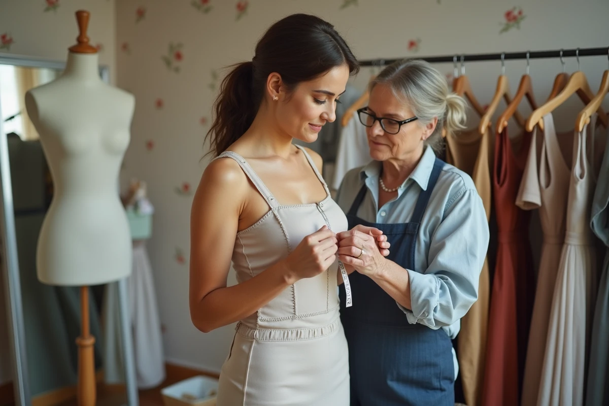 Séance d'essayage couture à domicile entre une couturière expérimentée et sa cliente dans une cabine d'essayage maison