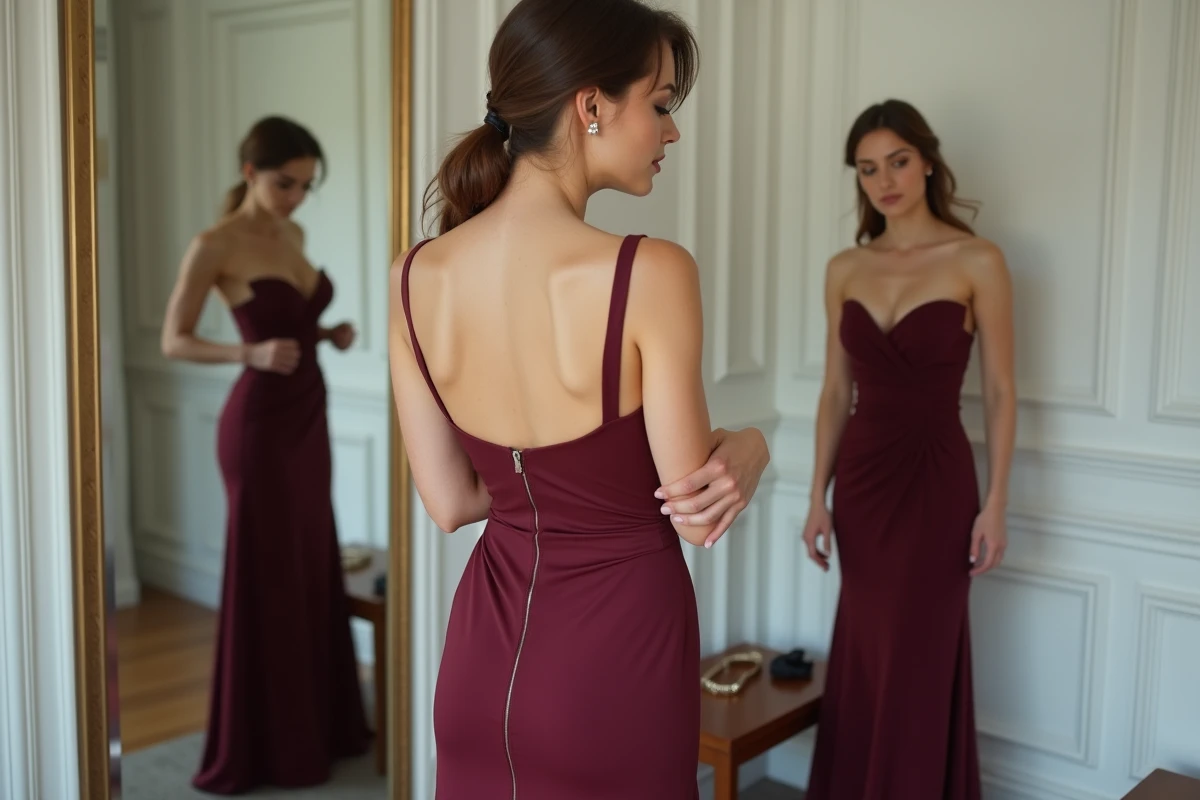 Femme essayant une robe de cocktail bordeaux dans une cabine d'essayage chic, évaluant les finitions pour éviter un rendu bas de gamme