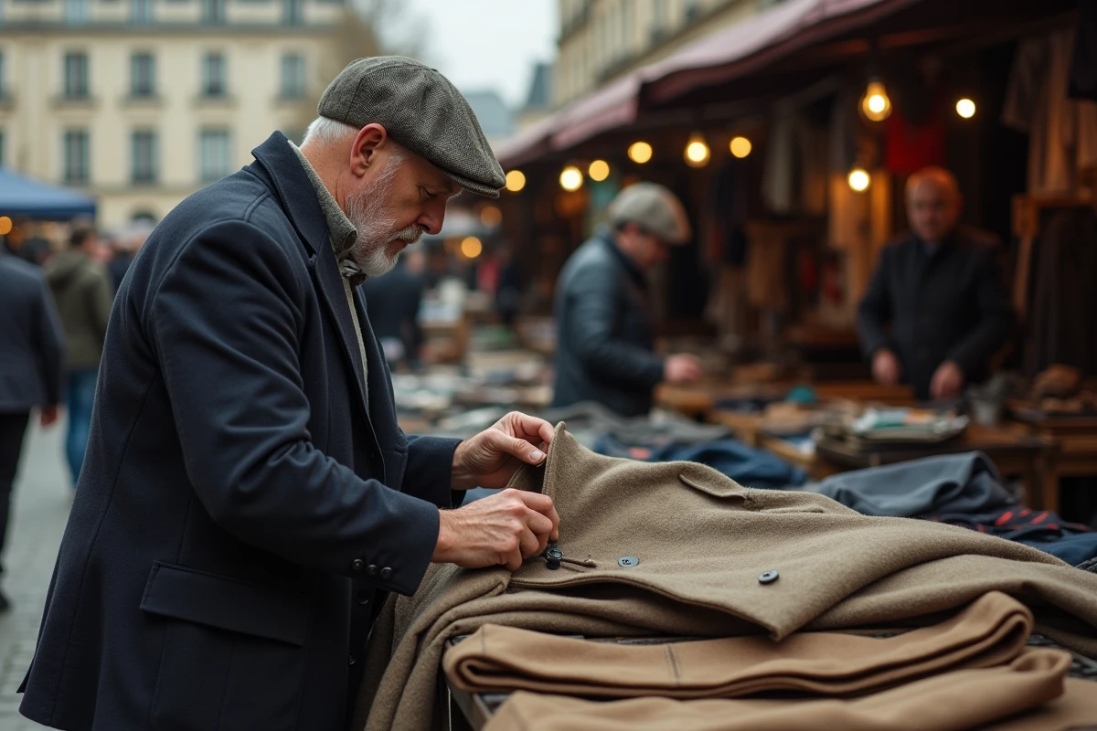 Homme expérimenté inspectant une veste vintage à un marché aux puces parisien, examinant les coutures d'un manteau en laine dans une brocante de quartier
