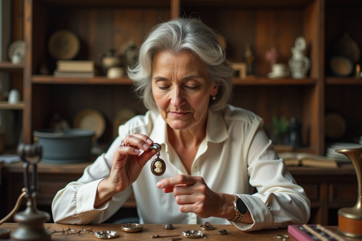 Experte en bijoux anciens examinant un pendentif camée à la loupe dans un atelier d'antiquités