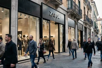 Façade d'une boutique Zara sur une rue commerçante européenne avec architecture classique en arrière-plan