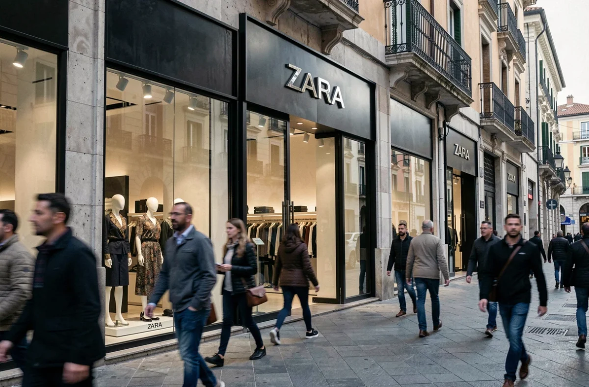 Façade d'une boutique Zara sur une rue commerçante européenne avec architecture classique en arrière-plan