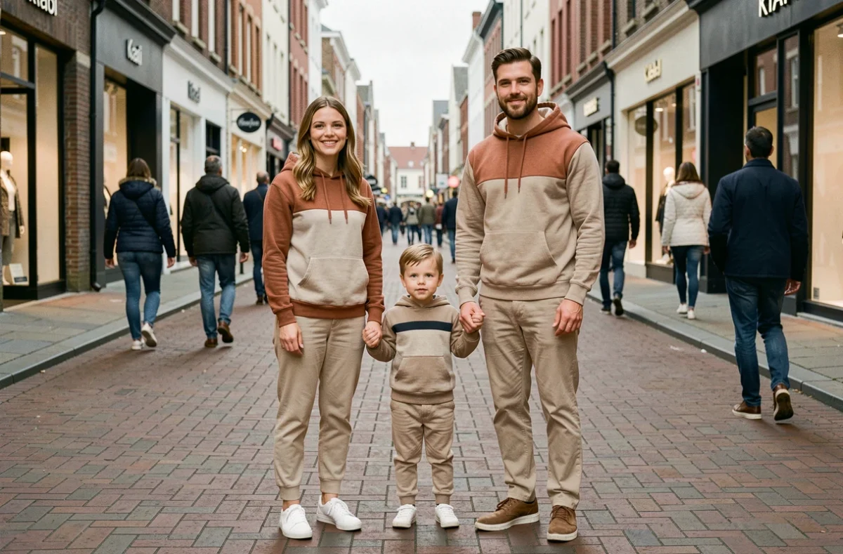 Famille habillée en tenues coordonnées Kiabi style 2026, parents et enfant en bas âge portant des vêtements casual chic dans une rue commerçante