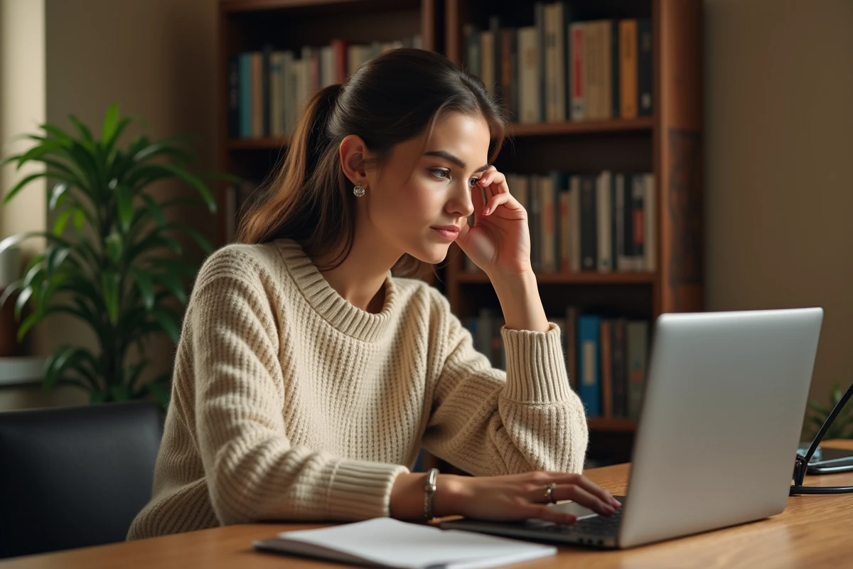 Jeune femme consultant un site fan dédié à Suki Waterhouse sur un ordinateur portable dans un bureau cosy