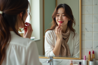Femme appliquant un rouge à lèvres dans la salle de bain