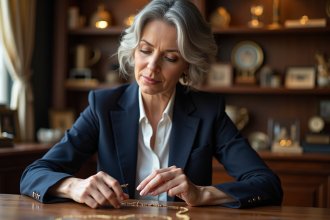 Femme d'âge moyen examinant un collier ancien avec loupe