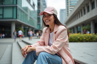 Femme souriante en blazer pastel et casquette tendance