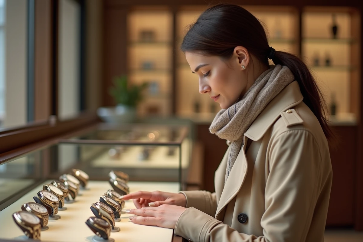 Femme examinant des montres dans une boutique &eacute;l&eacute;gante