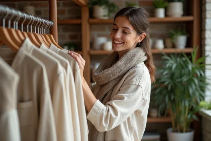 Femme souriante dans une boutique de vêtements naturels