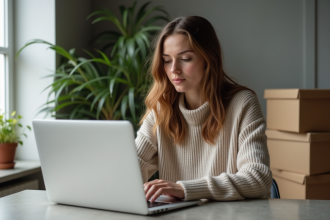 Femme assise à une table de cuisine moderne avec ordinateur