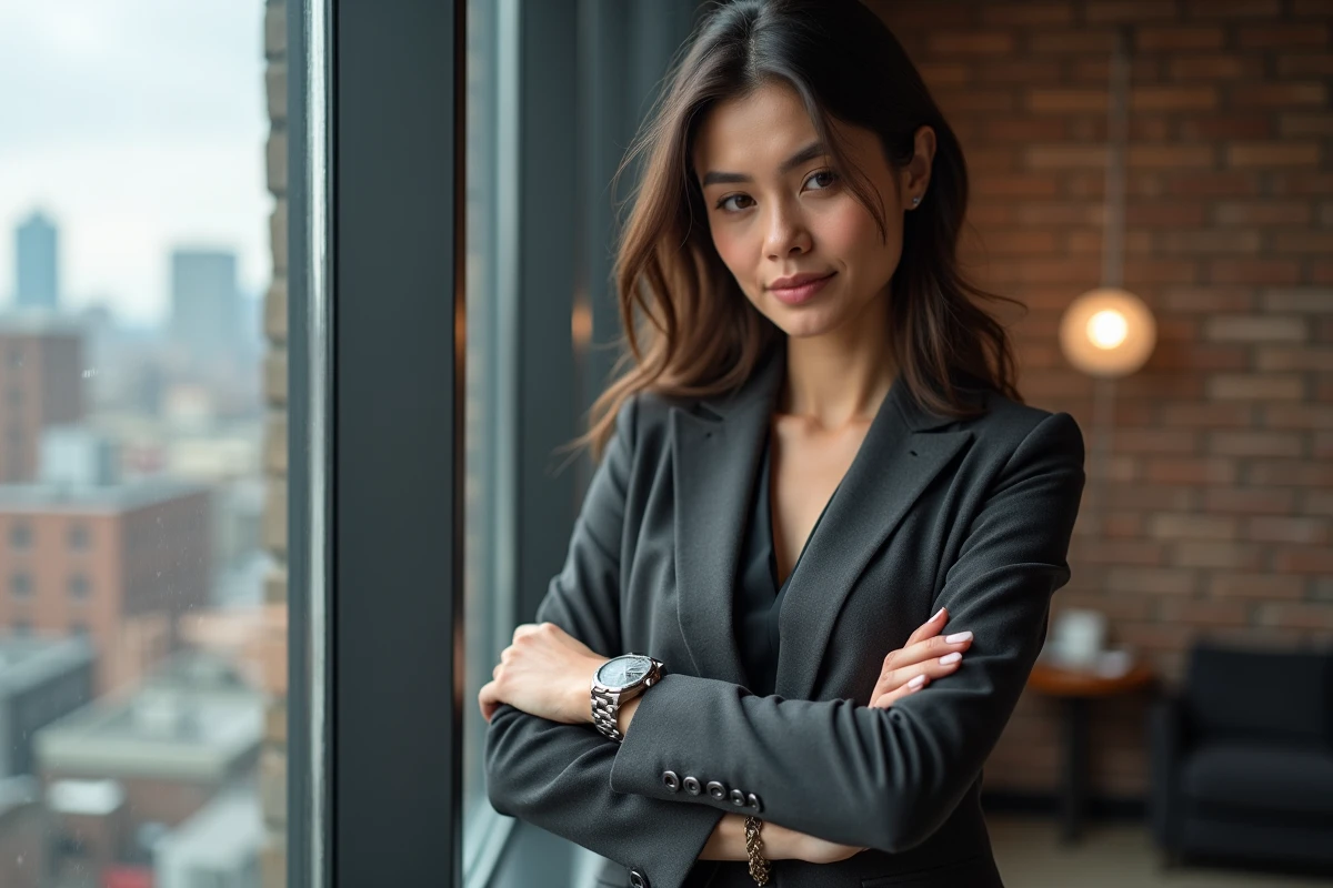 Femme moderne v&eacute;rifiant sa montre dans un loft urbain