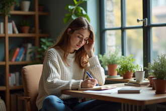 Femme concentrée prenant des notes dans un bureau cosy