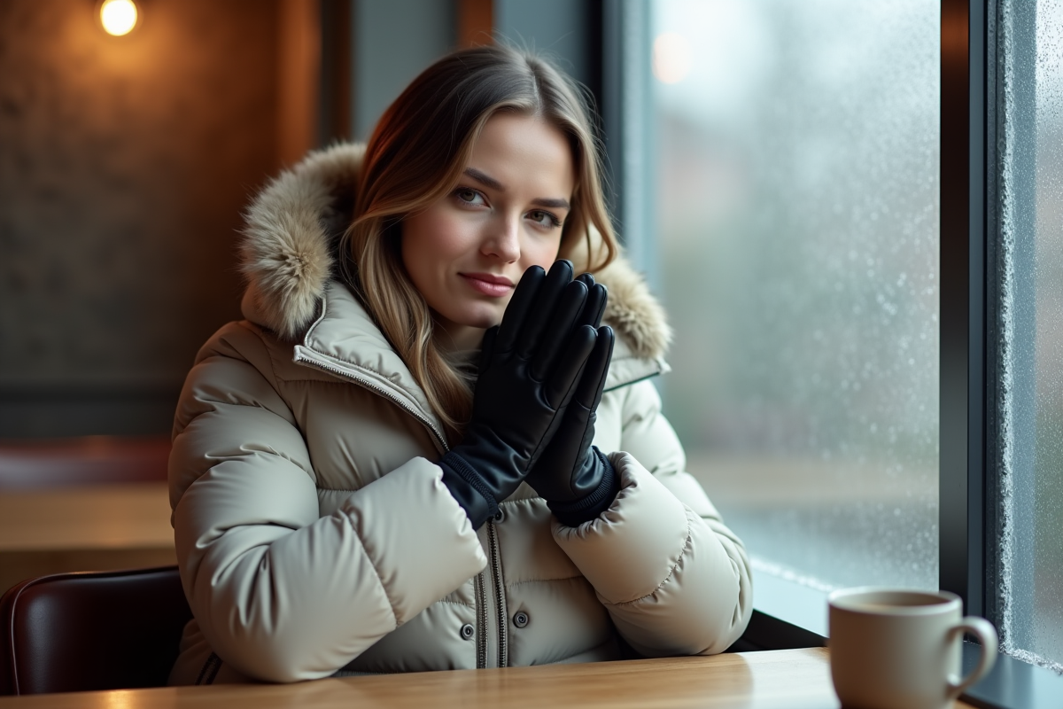 Jeune femme dans un café avec gants chauds