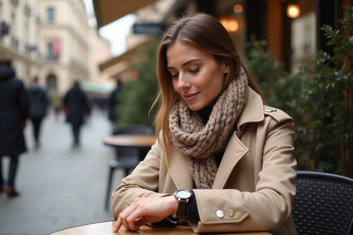 Femme assise au café comparant des montres au poignet