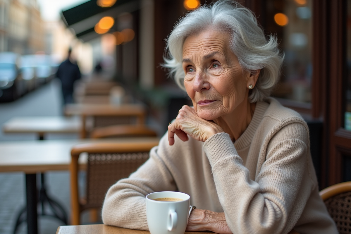 Femme âgée sirotant un café en extérieur dans un café urbain