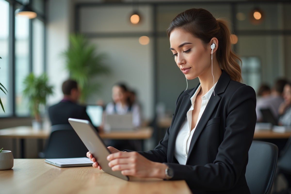 Femme confiante utilisant une tablette dans un espace de coworking moderne