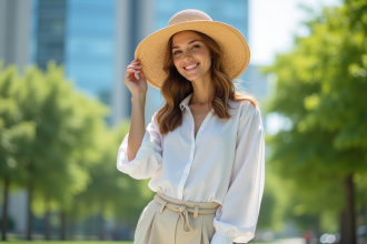 Jeune femme élégante portant un chapeau beige dans un parc urbain