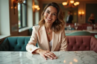 Femme élégante appuyant sur bouton champagne dans restaurant