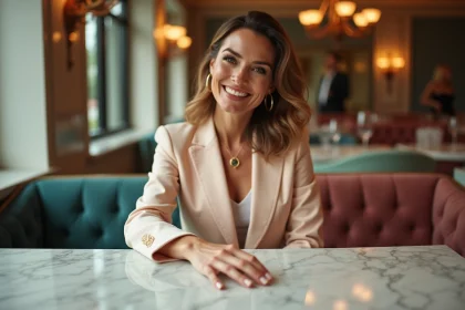 Femme élégante appuyant sur bouton champagne dans restaurant