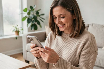Femme tenant un étui de téléphone transparent en cadeau dans un salon cosy