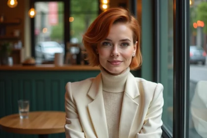 Femme &agrave; coupe pixie cuivree dans un caf&eacute; lumineux