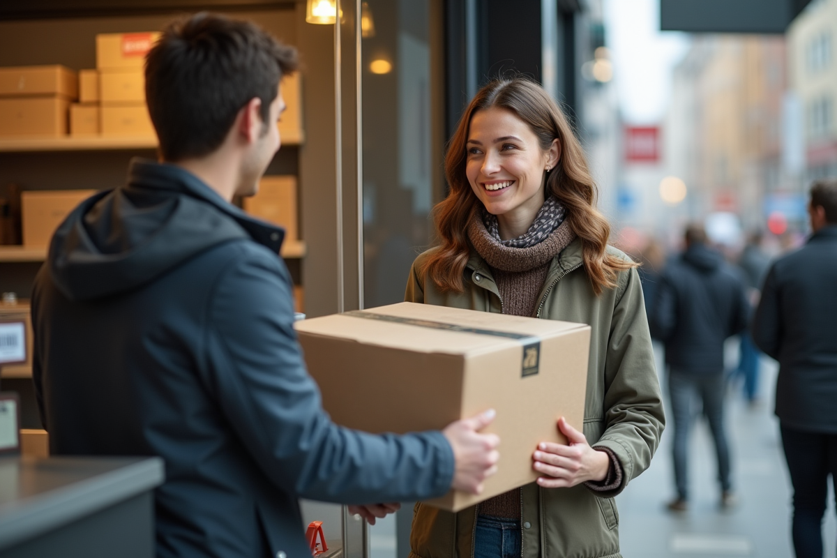 Femme souriante envoi un colis dans un point de dépôt urbain