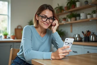 Femme essayant virtuellement des lunettes avec une app