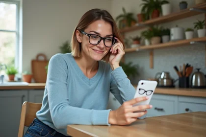 Femme essayant virtuellement des lunettes avec une app