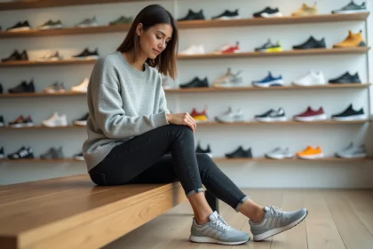 Femme essayant une basket de sport blanche dans un magasin de chaussures moderne pour trouver la bonne pointure UK