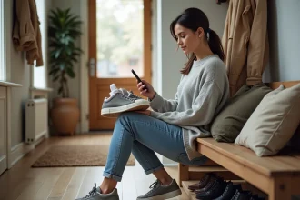 Femme consultant un guide pointure chaussures sur smartphone avant d'essayer une sneaker à la maison