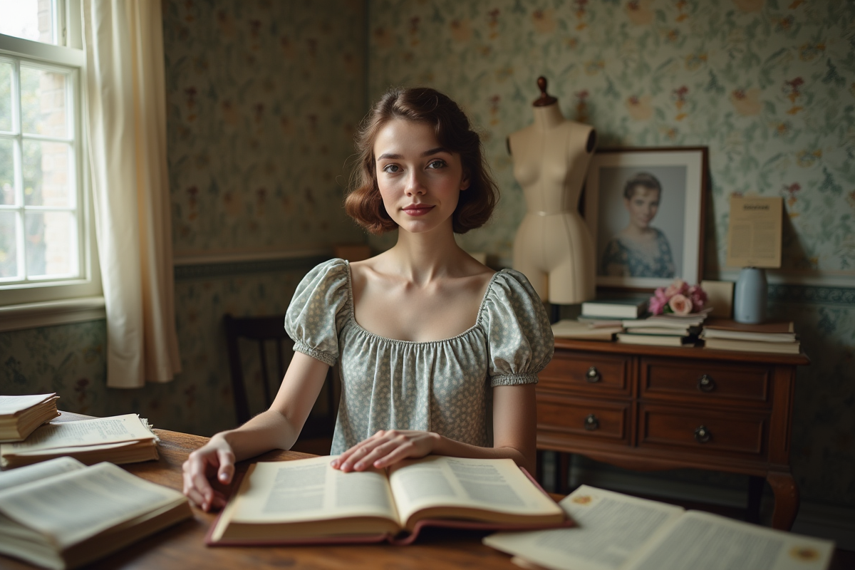 Jeune femme en robe à pois des années 50 lisant un livre