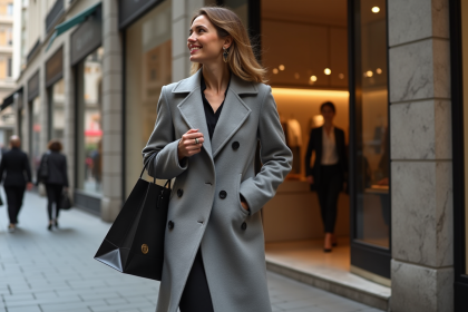 Femme élégante sortant d'une boutique de luxe en ville
