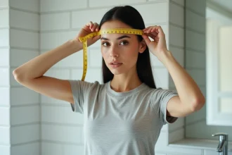 Femme mesurant son tour de tête avec un mètre ruban souple dans une salle de bain minimaliste
