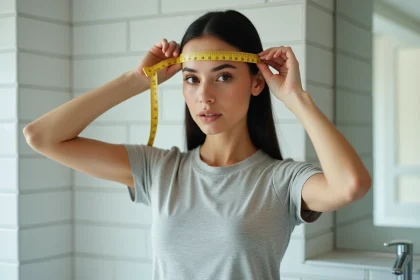 Femme mesurant son tour de tête avec un mètre ruban souple dans une salle de bain minimaliste