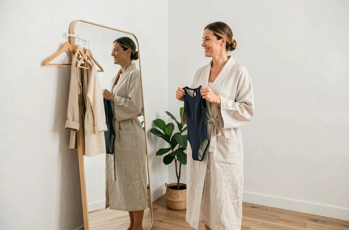 Femme examinant un maillot de bain devant un miroir dans un vestiaire minimaliste avec assurance