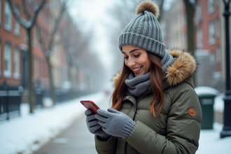 Jeune femme en parka doudoune souriant en hiver